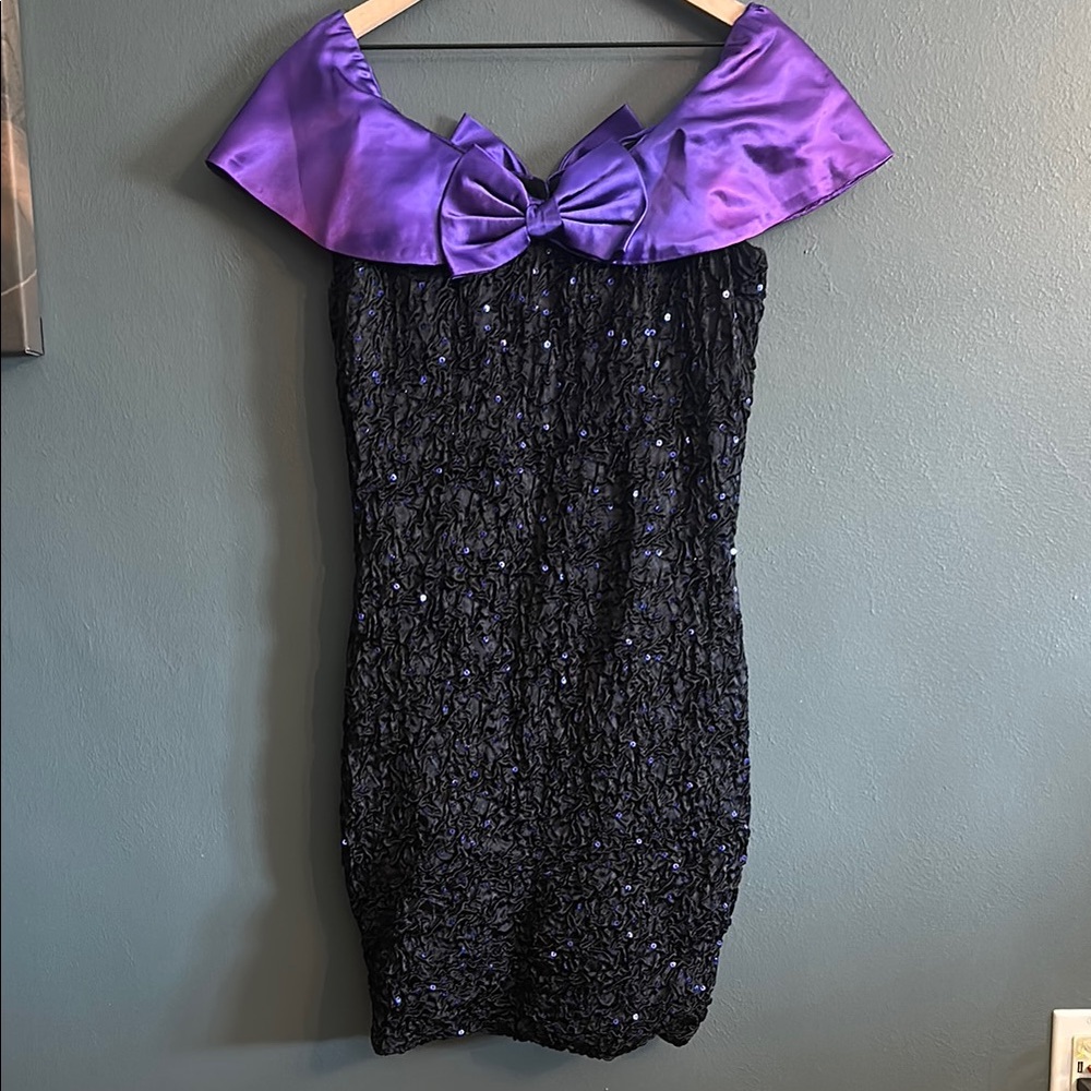 Black and Purple Sequin Off-Shoulder Mini Dress